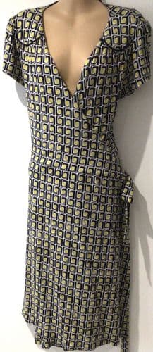 BODEN NAVY/LEMON PRINT JERSEY WRAP DRESS SIZE 16