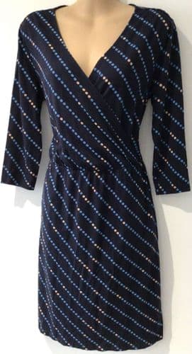 BODEN NAVY SPOTTY PRINT WRAP JERSEY DRESS SIZE 10