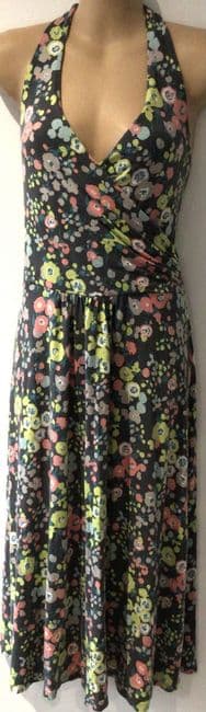 BODEN TAUPE FLORAL WRAP HALTER NECK DRESS SIZE 16L