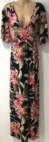 BOOHOO BLACK TROPICAL FLORAL MAXI DRESS SIZE 18