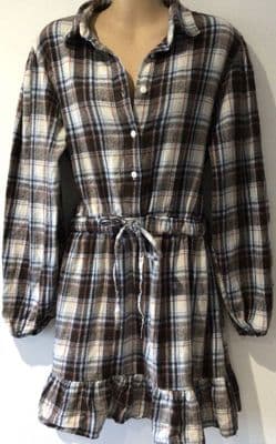 BOOHOO BROWN/IVORY CHECK BUTTON SHIRT DRESS SIZE 14