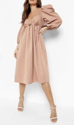 BOOHOO CAMEL POPLIN PUFF SLEEVE V NECK MIDI DRESS BNWT SIZE 14