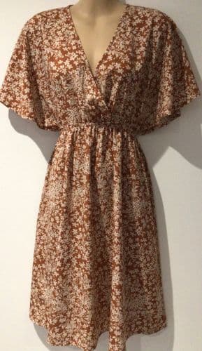 BOOHOO CHESTNUT BROWN FLORAL WRAP DRESS SIZE 8
