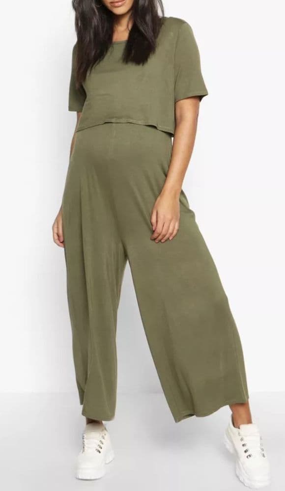 BOOHOO MATERNITY NURSING KHAKI CULOTTE JUMPSUIT NEW SIZE 14