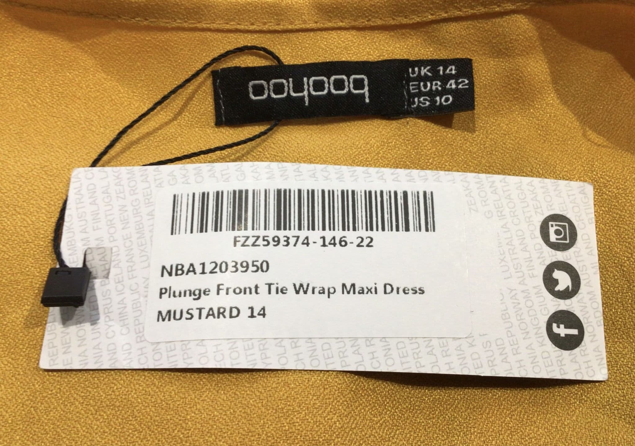 BOOHOO MUSTARD PLUNGE WRAP FRONT TIE MAXI DRESS BNWT SIZE 14