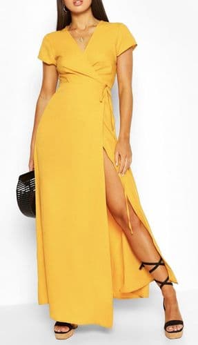 BOOHOO MUSTARD PLUNGE WRAP FRONT TIE MAXI DRESS BNWT SIZE 14