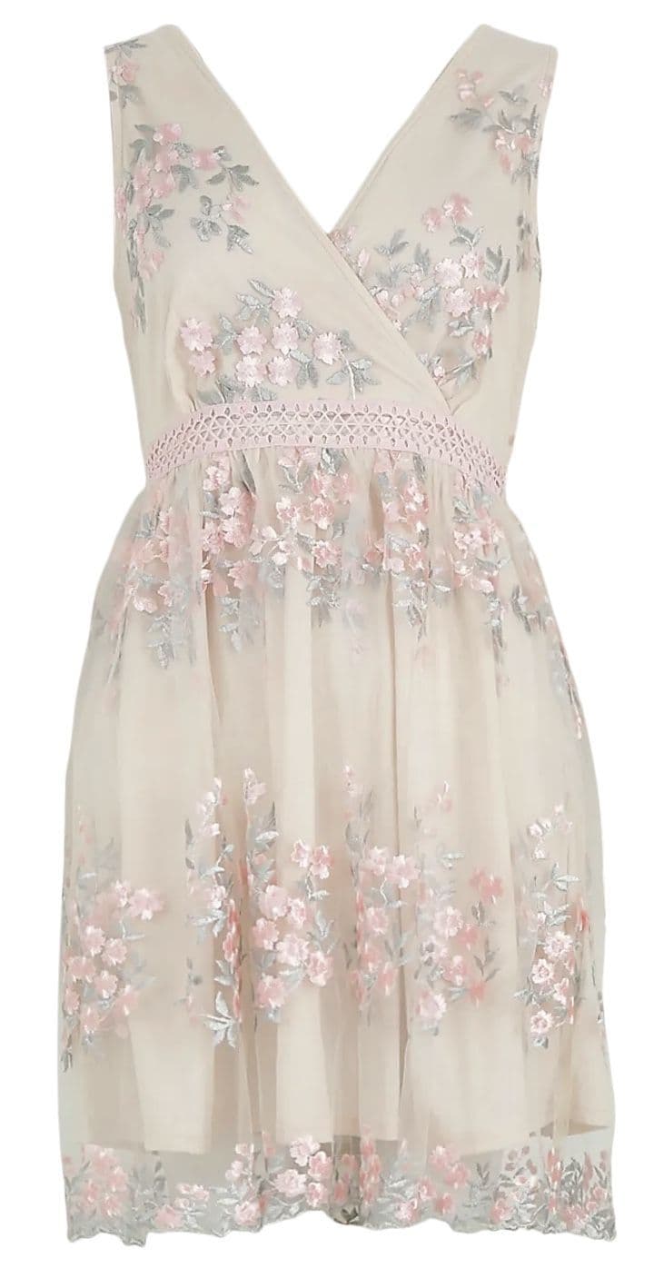 BOOHOO OCCASION FLORAL EMBROIDERY WRAP SKATER DRESS BNWT SIZE 12