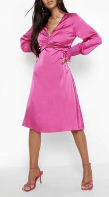 BOOHOO RASPBERRY SATIN TWIST PLUNGE MIDI DRESS BNWT SIZE 14