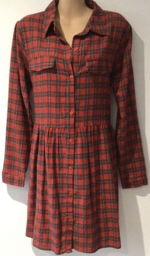 BOOHOO RED TARTAN BUTTON SHIRT DRESS SIZE 14