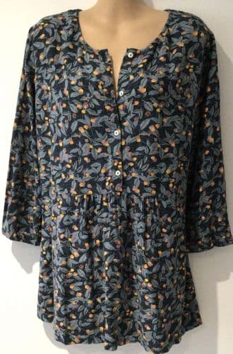 BRAKEBURN BLUE LEAF PRINT BUTTON TUNIC BLOUSE SIZE 12