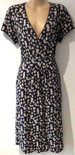 BRAKEBURN NAVY DAISY PRINT WRAP JERSEY DRESS SIZE 14