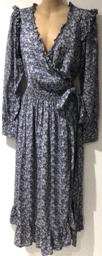 BUMP & MILK JAMIE BLUE FLORAL WRAP MIDI NURSING DRESS SIZE M 10/12
