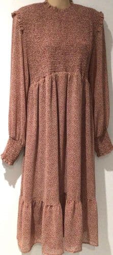 BUMPLE TERRACOTTA FLORAL SHIRRED MIDI ZIP NURSING DRESS SIZE L 12-14
