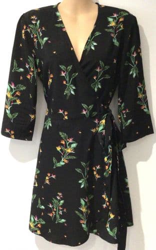 DANCING LEOPARD BLACK FLORAL WRAP DRESS SIZE 10