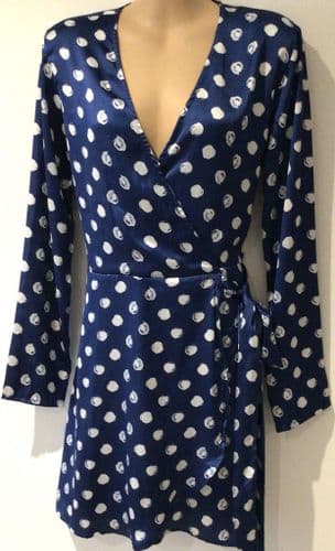 DANCING LEOPARD SILKY BLUE SPOTTY PRINT WRAP MINI DRESS SIZE 12