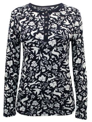 ex M&S COTTON NAVY WOODLAND PRINT HENLEY BUTTON TOP NEW SIZES 8-20