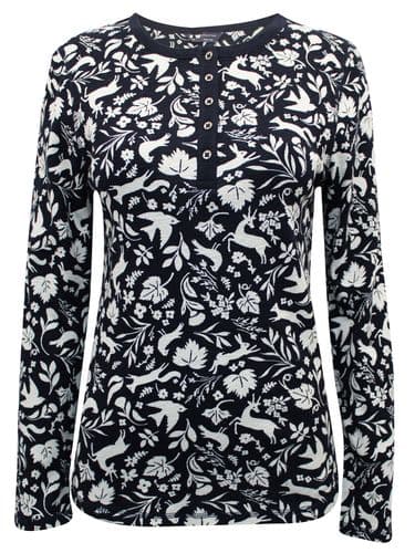 ex M&S COTTON NAVY WOODLAND PRINT HENLEY BUTTON TOP NEW SIZES 8-20