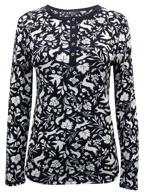 ex M&S COTTON NAVY WOODLAND PRINT HENLEY BUTTON TOP NEW SIZES 8-20