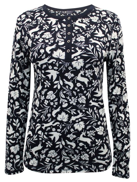 ex M&S COTTON NAVY WOODLAND PRINT HENLEY BUTTON TOP NEW SIZES 8-20