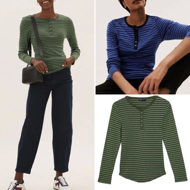 ex M&S COTTON STRIPE HENLEY TOP GREEN OR NAVY NEW SIZES 8-18