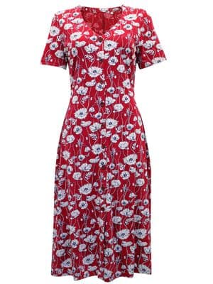 EX SEASALT LILIAN RED POPPY PRINT FLORAL JERSEY TEA DRESS SIZE 8