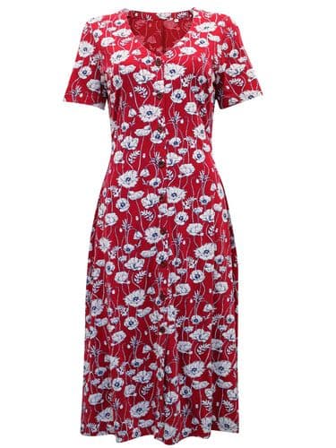 EX SEASALT LILIAN RED POPPY PRINT FLORAL JERSEY TEA DRESS SIZES 8, 10 & 18