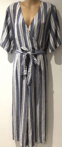 F&F BLUE STRIPE LINEN WRAP JUMPSUIT BNWT SIZE 14