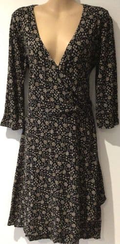 FAT FACE BLACK BEIGE PRINT JERSEY WRAP DRESS SIZE 10