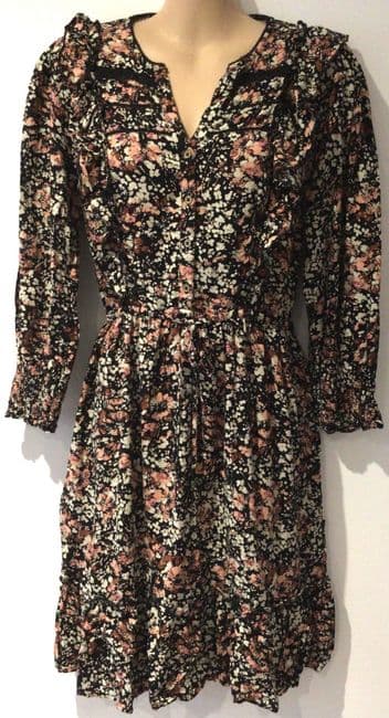 FAT FACE BLACK/CORAL FLORAL BUTTON TUNIC SHIRT DRESS SIZE 12