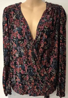 FAT FACE BLACK FLORAL JERSEY WRAP TOP SIZE 16