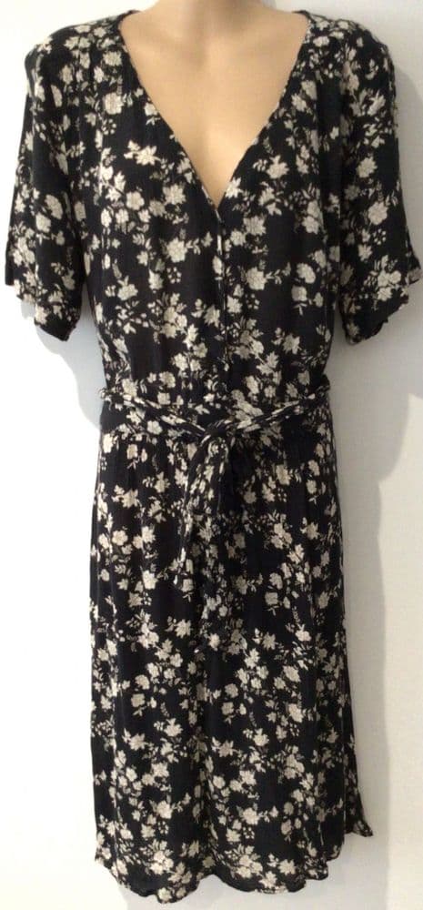 FAT FACE BLACK/IVORY FLORAL BUTTON SHIRT DRESS SIZE 16