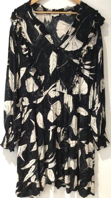 FAT FACE BLACK LEAF PRINT BUTTON CHEST TUNIC DRESS SIZE 22