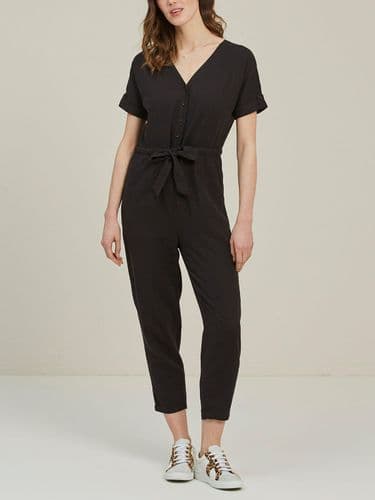FAT FACE BLACK LINEN TIE FRONT BUTTON JUMPSUIT NEW SIZE 16
