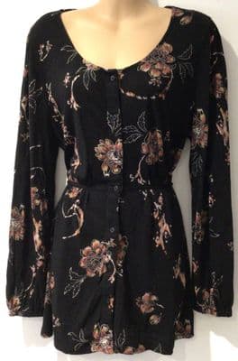 FAT FACE BLACK/ORANGE FLORAL JERSEY TUNIC BLOUSE SIZE 14