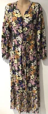 FAT FACE BLACK/PINK FLORAL BUTTON MIDI DRESS SIZE 14