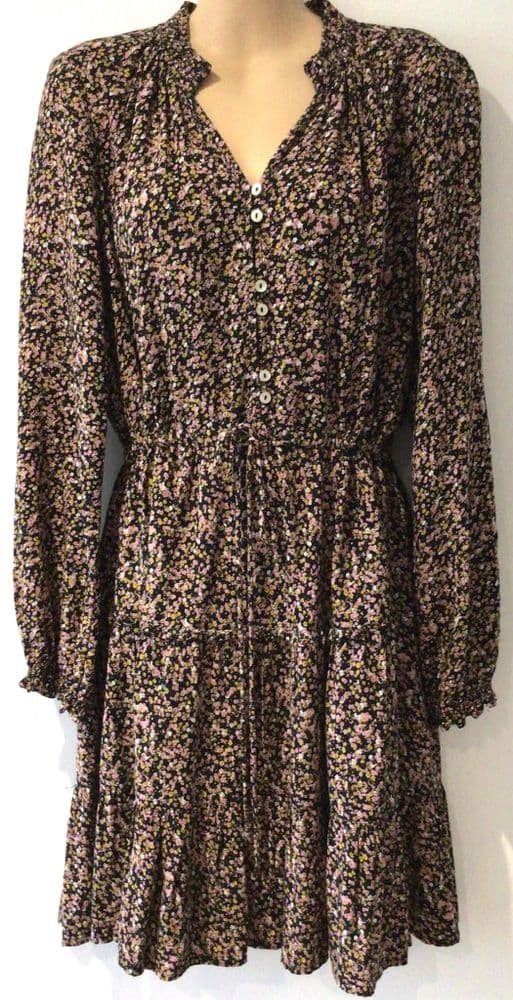 FAT FACE BLACK/PINK FLORAL BUTTON TUNIC SHIRT DRESS SIZE 12