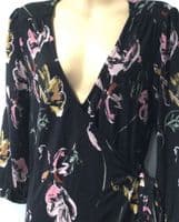 FAT FACE BLACK/PINK FLORAL WRAP JERSEY DRESS SIZE 12