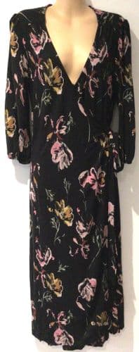 FAT FACE BLACK/PINK FLORAL WRAP JERSEY DRESS SIZE 12