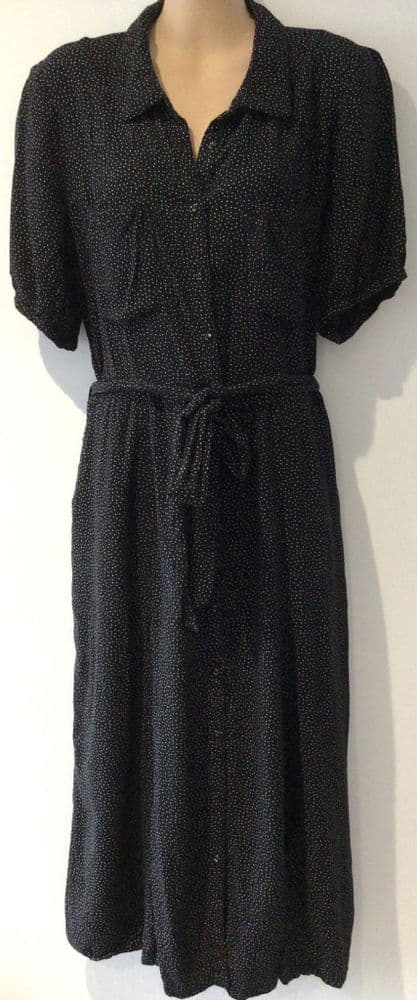 FAT FACE BLACK SPOTTY BUTTON SHIRT MIDI DRESS SIZE 16
