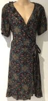 FAT FACE BLACK/TEAL TEXTURED WRAP DRESS SIZE 10