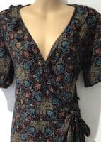 FAT FACE BLACK/TEAL TEXTURED WRAP DRESS SIZE 10