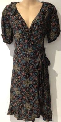 FAT FACE BLACK/TEAL TEXTURED WRAP DRESS SIZE 10