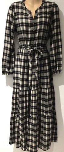 FAT FACE BLACK/WHITE CHECKED BUTTON SHIRT MIDI DRESS SIZE 12