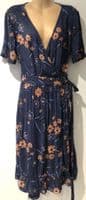 FAT FACE BLUE FLORAL TEXTURED WRAP DRESS SIZE 10