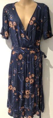 FAT FACE BLUE FLORAL TEXTURED WRAP DRESS SIZE 10