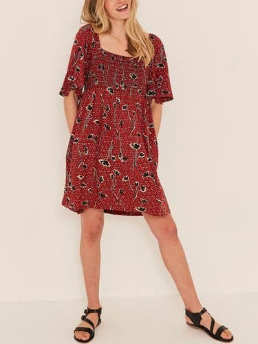 FAT FACE BRICK RED SMOCKED/SHIRRED FLOWER JERSEY DRESS SIZE 14