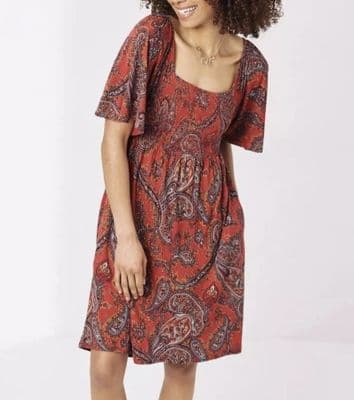 FAT FACE CHERRY RED SHIRRED PAISLEY JERSEY DRESS SIZE 12