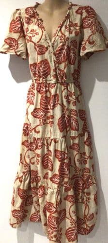 FAT FACE CREAM/RED LEAF PRINT TIERED WRAP MIDI DRESS SIZE 12