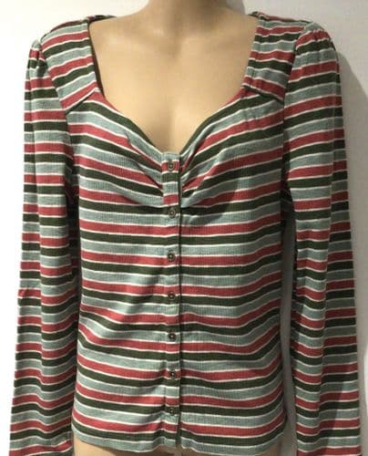 FAT FACE GREEN/RED STRIPE BUTTON LONG SLEEVE T-SHIRT BLOUSE SIZES 12 & 18