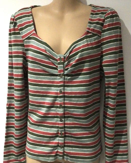FAT FACE GREEN/RED STRIPE BUTTON LONG SLEEVE T-SHIRT BLOUSE SIZES 12 & 18